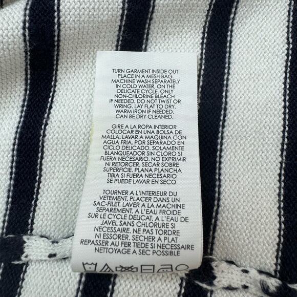 Cabi Duster Cardigan Open Sweater Women's Medium Navy Cream Striped Long Knit - Picture 8 of 13